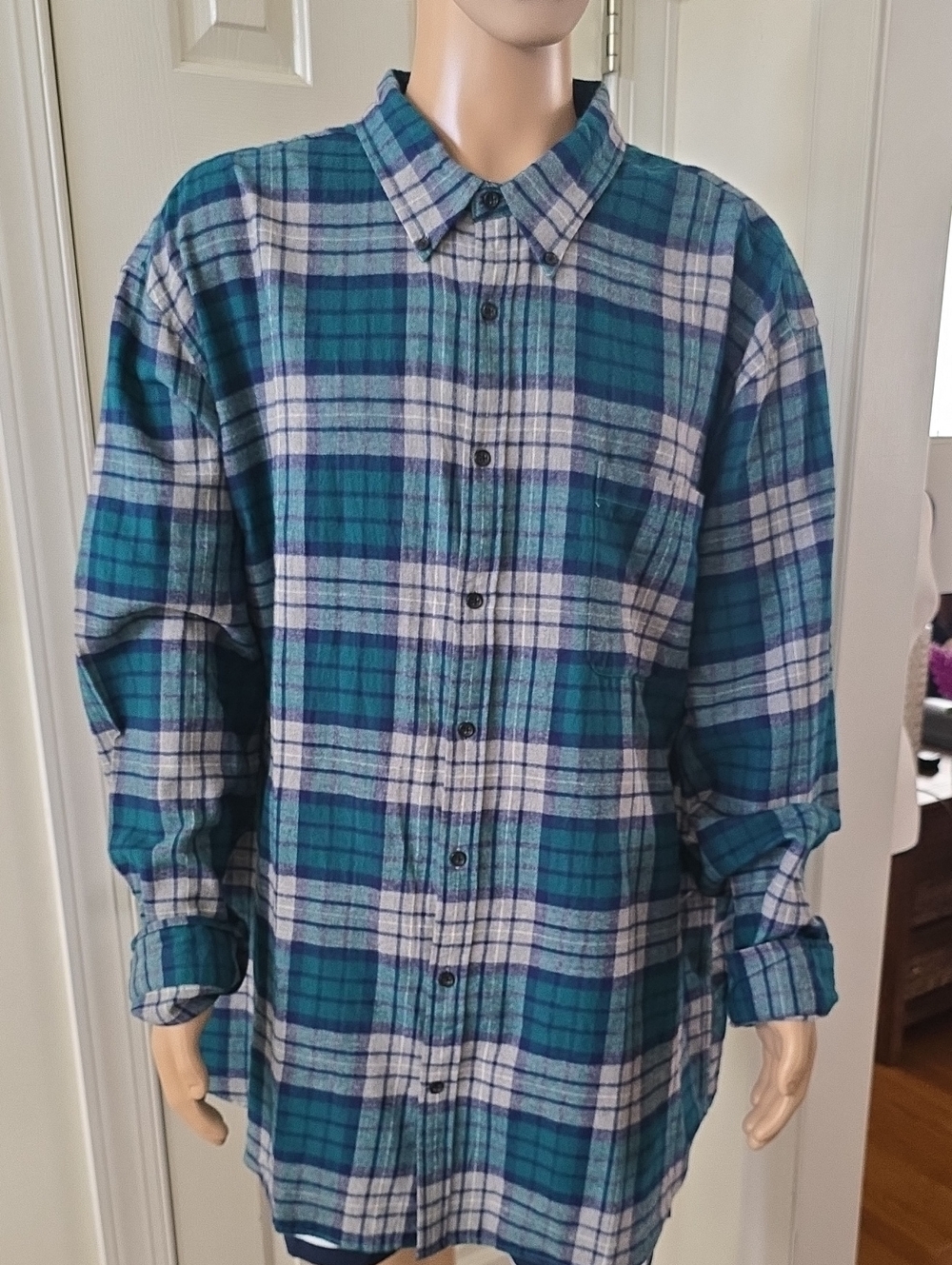 ST. JOHN'S BAY BRAND MEN'S BIG & TALL TEAL PLAID FLANNEL FRONT BUTTON SHIRT 4XLT